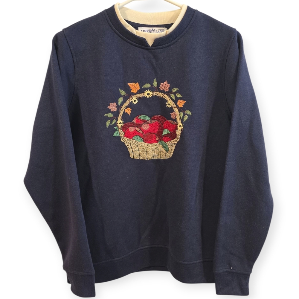 Liberty Lane| Navy Sweater with Embroidered Basket Apple Design Size SMALL